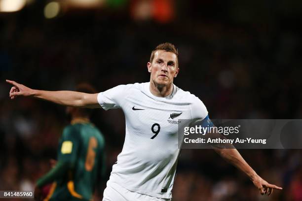 Chris Wood of New Zealand celebrates after scoring a goal during the 2018 FIFA World Cup Qualifier match between the New Zealand All Whites and...