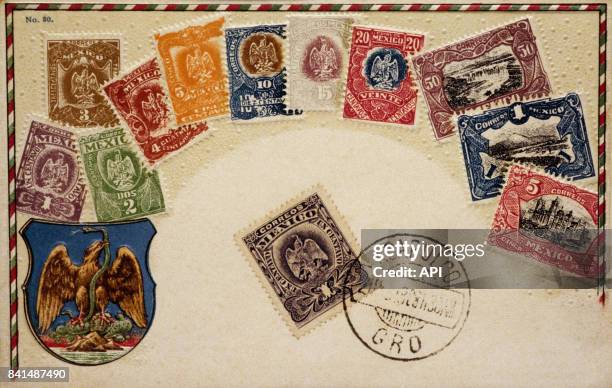 Carte postale timbrée illustrée des armoiries du Mexique.