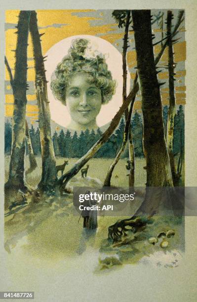 Illustration qui représente le portrait d'une jeune femme en médaillon de nuit dans la lune et un couple amoureux en forêt.