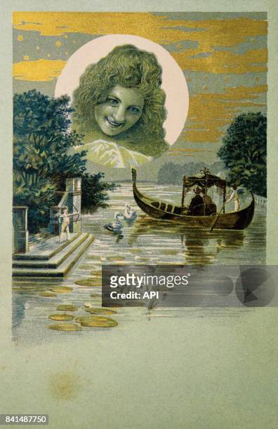 Illustration qui représente le portrait d'une jeune femme en médaillon de nuit dans la lune et un couple amoureux dans une gondole sur un étang.
