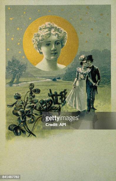 Illustration qui représente le portrait d'une jeune femme en médaillon de nuit dans la lune et un couple amoureux à la campagne.