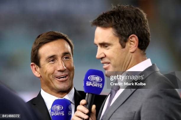 Channel 9 Wide World Of Sports commentators Andrew Johns and Brad Fittler talk during the round 26 NRL match between the Parramatta Eels and the...