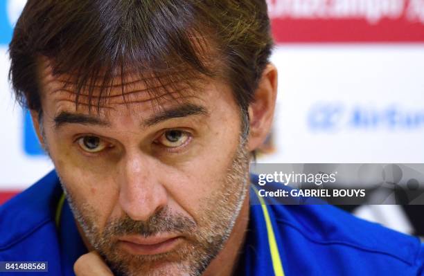 Spain's coach, Julen Lopetegui, looks on during a press conference at the Royal Spanish Football Federation's "Ciudad del Futbol" in Madrid on...