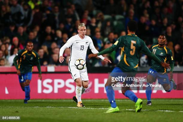 Monty Patterson of New Zealand in action during the 2018 FIFA World Cup Qualifier match between the New Zealand All Whites and Solomon Island at...