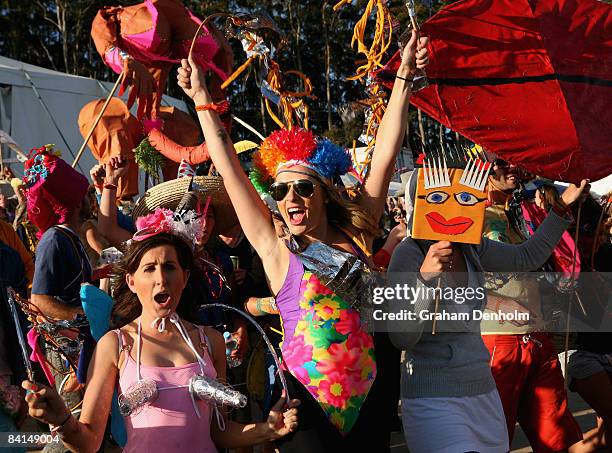 Carnival procession snakes it's way through the crowd during day three of The Falls Music & Arts Festival on December 31, 2008 in Lorne, Australia.