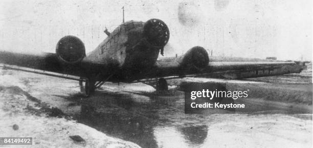 Junkers Ju 52 of the German Luftwaffe on a German airfield in Russia, flooded after the thaw, 1942.