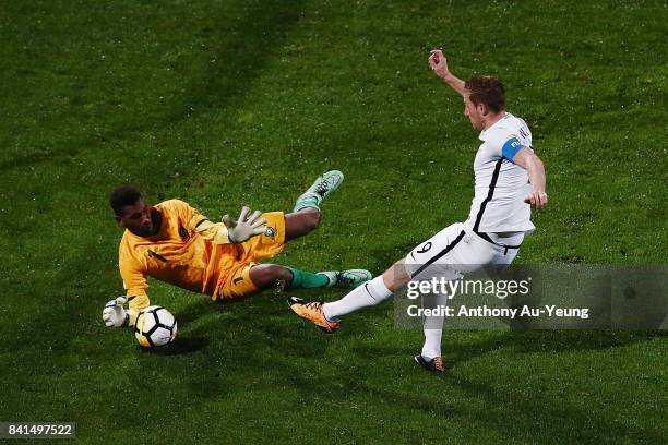 Chris Wood of New Zealand takes a shot at goal against goal keeper Phillip Mango of Solomon Islands during the 2018 FIFA World Cup Qualifier match...