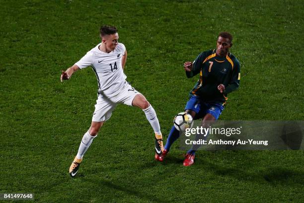 Ryan Thomas of New Zealand competes for the ball against Jerry Donga of Solomon Islands during the 2018 FIFA World Cup Qualifier match between the...