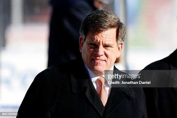 Rocky Wirtz, team president of the Chicago Blackhawks stands near the ice as the Blackhawks practice a day before playing against the Detroit Red...