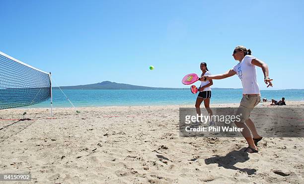 Classic tennis players Marina Erakovic of New Zealand and Anne Keotavong of Great Britain during a game of Beach Tennis on Mission Bay Beach January...