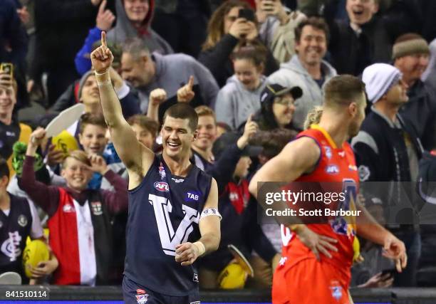 Jonathon Brown of Victoria celebrates after kicking the match winning goal during the 2017 EJ Whitten Legends Game between Victoria and the All Stars...