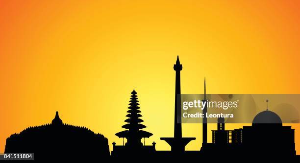 indonesian monuments (all buildings are complete and moveable) - borobudur sunrise stock illustrations