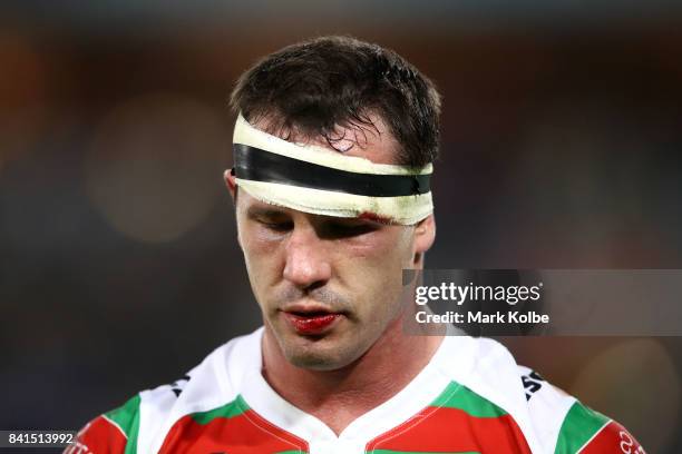 Dave Tyrrell of the Rabbitohs leaves the field during the round 26 NRL match between the Parramatta Eels and the South Sydney Rabbitohs at ANZ...