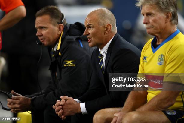 Eels coach Brad Arthur shouts instructions as he watches on from the bench during the round 26 NRL match between the Parramatta Eels and the South...