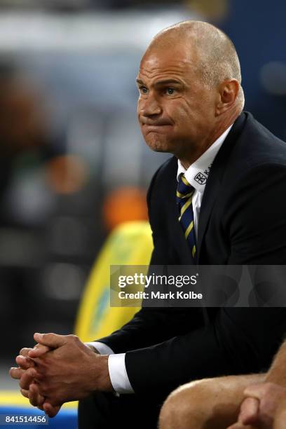 Eels coach Brad Arthur watches on from the bench during the round 26 NRL match between the Parramatta Eels and the South Sydney Rabbitohs at ANZ...