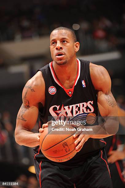 Andre Iguodala of the Philadelphia 76ers prepares to shoot a free throw during a game against the Los Angeles Clippers at Staples Center on December...