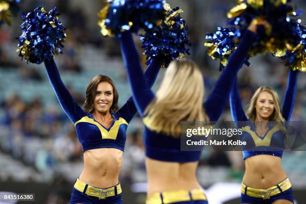 The Eels cheergirls perform during the round 26 NRL match between the Parramatta Eels and the South Sydney Rabbitohs at ANZ Stadium on September 1,...
