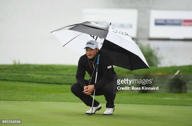 Zander Lombard of South Africa looks on from the 9th green during day two of the D+D REAL Czech Masters at Albatross Golf Resort on September 1, 2017...