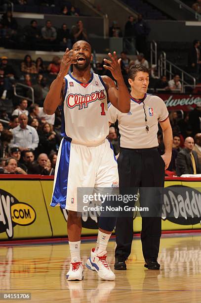 Baron Davis of the Los Angeles Clippers reacts during a game against the Philadelphia 76ers at Staples Center on December 31, 2008 in Los Angeles,...