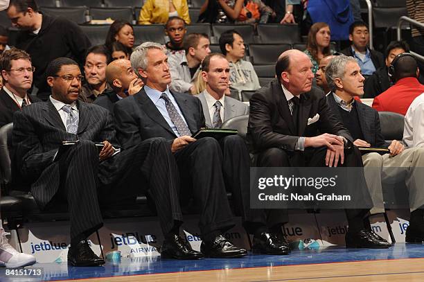 Assistant Coaches Rory White, Kim Hughes, and Jim Eyen sit with Head Coach Mike Dunleavy during a game against the Philadelphia 76ers at Staples...