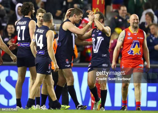 Jonathon Brown of Victoria celebrates after kicking the match winning goal after the siren during the 2017 EJ Whitten Legends Game between Victoria...