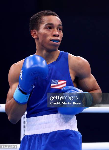 Duke Ragan of USA fights in the Men's Bantam during the semi finals of the AIBA World Boxing Championships Hamburg 2017 at Sporthalle Hamburg on...