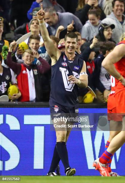 Jonathon Brown of Victoria celebrates after kicking the match winning goal after the siren during the 2017 EJ Whitten Legends Game between Victoria...