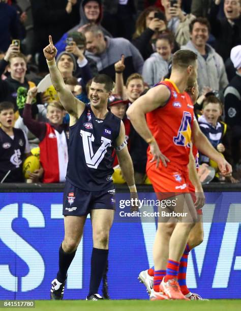 Jonathon Brown of Victoria celebrates after kicking the match winning goal after the siren during the 2017 EJ Whitten Legends Game between Victoria...