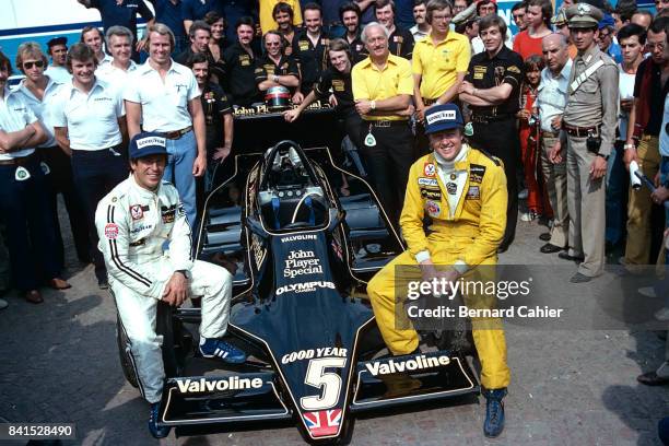 Mario Andretti, Ronnie Peterson, Colin Chapman, Lotus-Ford 79, Grand Prix of Italy, Monza, 10 September 1978. Happy photo of Team Lotus, taken on the...