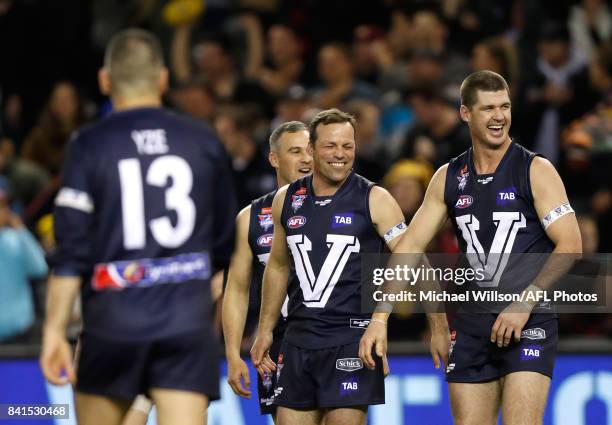 Jonathan Brown of Victoria celebrates after kicking the winning goal after the siren during the 2017 EJ Whitten Legends Game between Victoria and the...