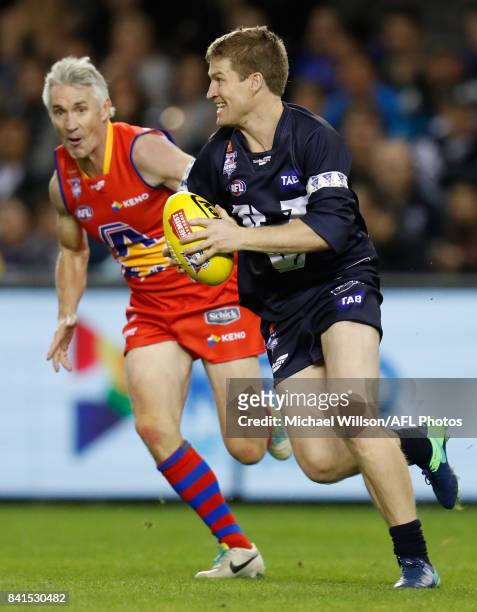 Luke Power of Victoria in action during the 2017 EJ Whitten Legends Game between Victoria and the All Stars at Etihad Stadium on September 1, 2017 in...