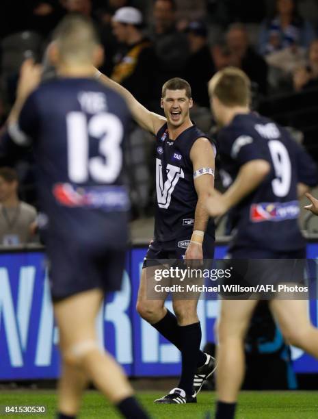 Jonathan Brown of Victoria celebrates after kicking the winning goal after the siren during the 2017 EJ Whitten Legends Game between Victoria and the...