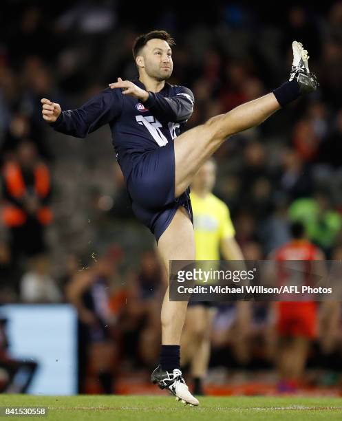 Jimmy Bartel of Victoria kicks the ball during the 2017 EJ Whitten Legends Game between Victoria and the All Stars at Etihad Stadium on September 1,...