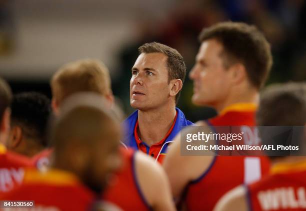 Wayne Carey, Coach of the All Stars addresses his players during the 2017 EJ Whitten Legends Game between Victoria and the All Stars at Etihad...
