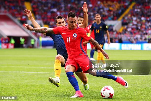 Eduardo Vargas of Chile takes a shot as Trent Sainsbury of Australia attempts to block during the FIFA Confederations Cup Russia 2017 Group B match...