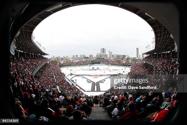 View of the ice rink during the Chicago Blackhawks game against the Detroit Red Wings in the NHL Winter Classic at Wrigley Field on January 1, 2009...