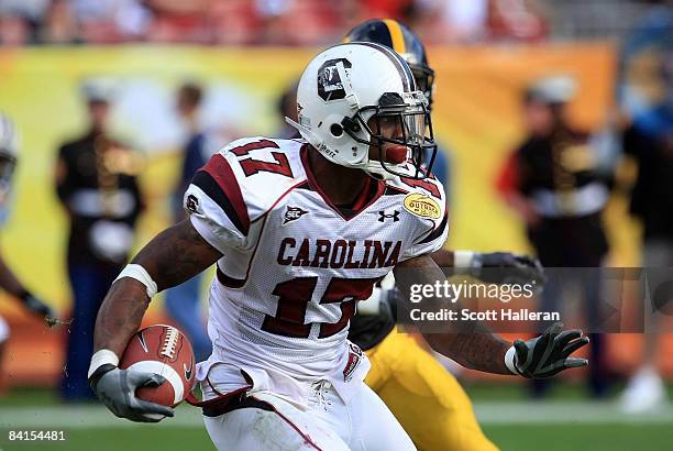 Chris Culliver of the South Carolina Gamecocks runs upfield against the Iowa Hawkeyes during the Outback Bowl on January 1, 2009 at Raymond James...