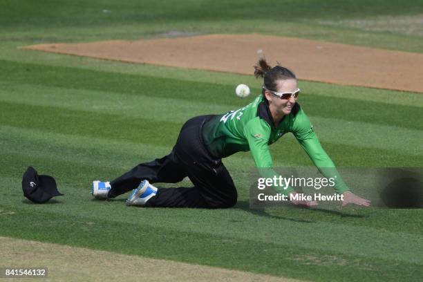 Fran Wilson of Western Storm fails to take a catch of Bryony Smith of Surrey Stars during the Women's Kia Super League Semi Final between Surrey...