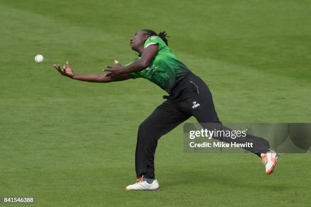 Fran Wilson of Western Storm failes to take a catch from Bryony Smith of Surrey Stars during the Women's Kia Super League Semi Final between Surrey...