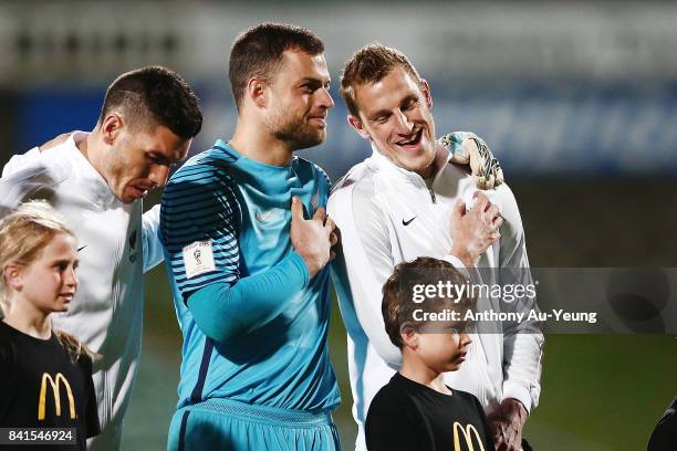 Captain Chris Wood and goal keeper Stefan Marinovic of New Zealand shares a laugh at the lineup prior to the 2018 FIFA World Cup Qualifier match...