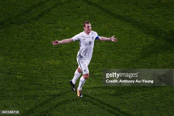 Chris Wood of New Zealand celebrates after scoring his third goal and completes a hat trick during the 2018 FIFA World Cup Qualifier match between...