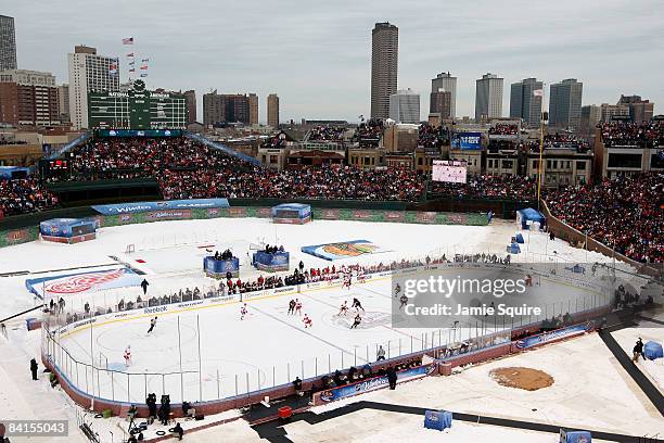 General view of action between the Chicago Blackhawks and the Detroit Red Wings during the NHL Winter Classic at Wrigley Field on January 1, 2009 in...