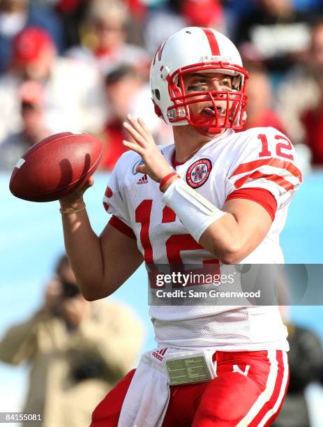 Quarterback Joe Ganz of the Nebraska Cornhuskers attempts a pass during the Konica Minolta Gator Bowl against the Clemson Tigers at Jacksonville...