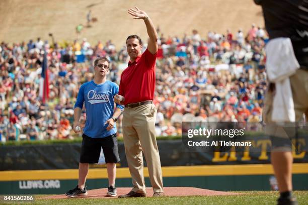 Little League World Series: Little League Hall of Excellence member Champ Pederson throwing out first pitch with former MLB player and television...