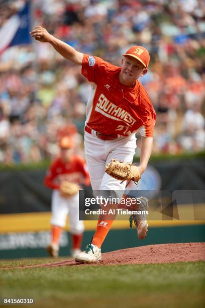 Little League World Series: USA Southwest Region Chip Buchanan in action, pitching vs Japan Region during Championship Game at Howard J. Lamade...