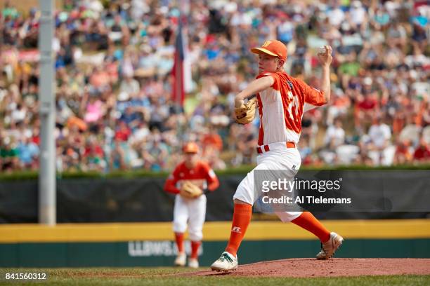 Little League World Series: USA Southwest Region Chip Buchanan in action, pitching vs Japan Region during Championship Game at Howard J. Lamade...