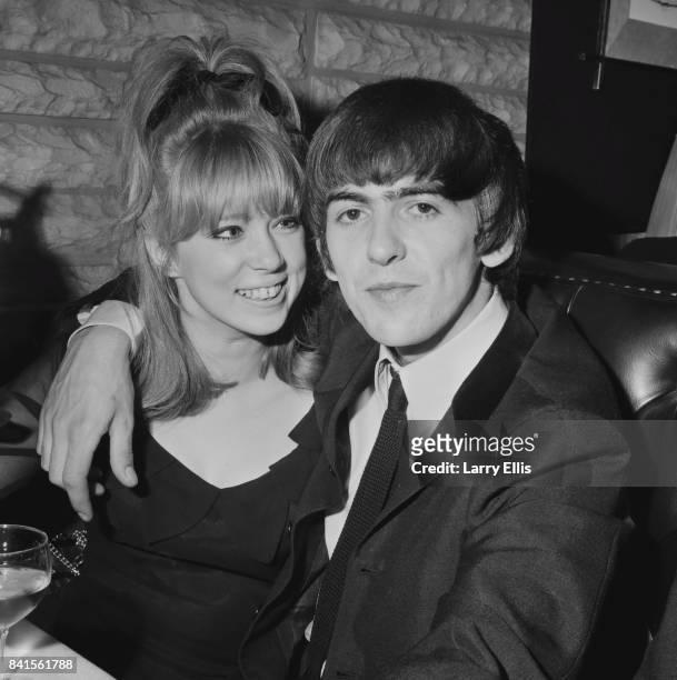 English guitarist, singer, and songwriter George Harrison with girlfriend Pattie Boyd, whom he would later marry, UK, 9th April 1964.