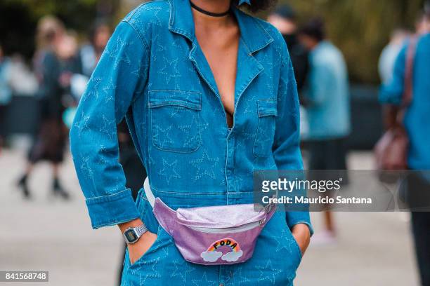 Visitor poses during Sao Paulo Fashion Week N44 SPFW Winter 2018 at Ibirapuera's Bienal Pavilion on August 31, 2017 in Sao Paulo, Brazil.