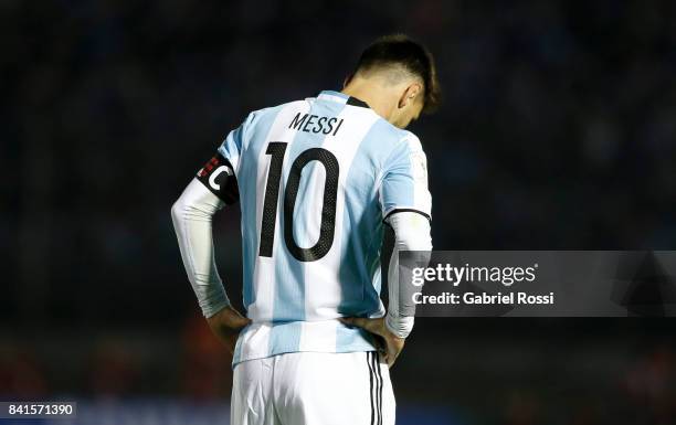 Lionel Messi of Argentina looks dejected during a match between Uruguay and Argentina as part of FIFA 2018 World Cup Qualifiers at Centenario Stadium...