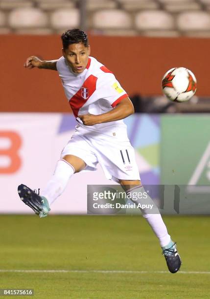 Raul Ruidiaz of Peru kicks the ball during a match between Peru and Bolivia as part of FIFA 2018 World Cup Qualifiers at Monumental Stadium on August...